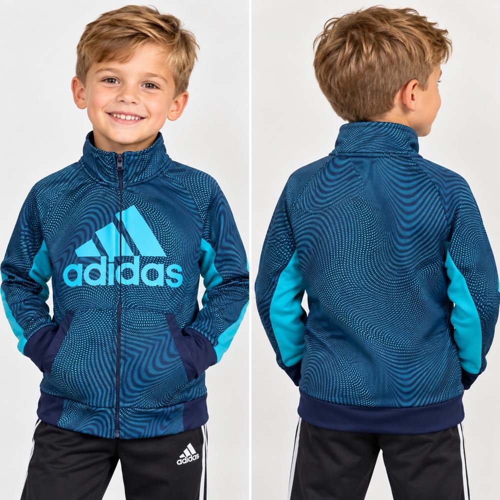 Adidas Kids Teal Navy Blue Wavy Psychedelic Logo Full Zip Track Jacket Size 5